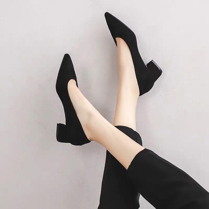 Giày cao gót 3 phân gót vuông mũi nhọn Annmodels chất liệu xi lộn kiểu dáng thời trang -A03-4XL
