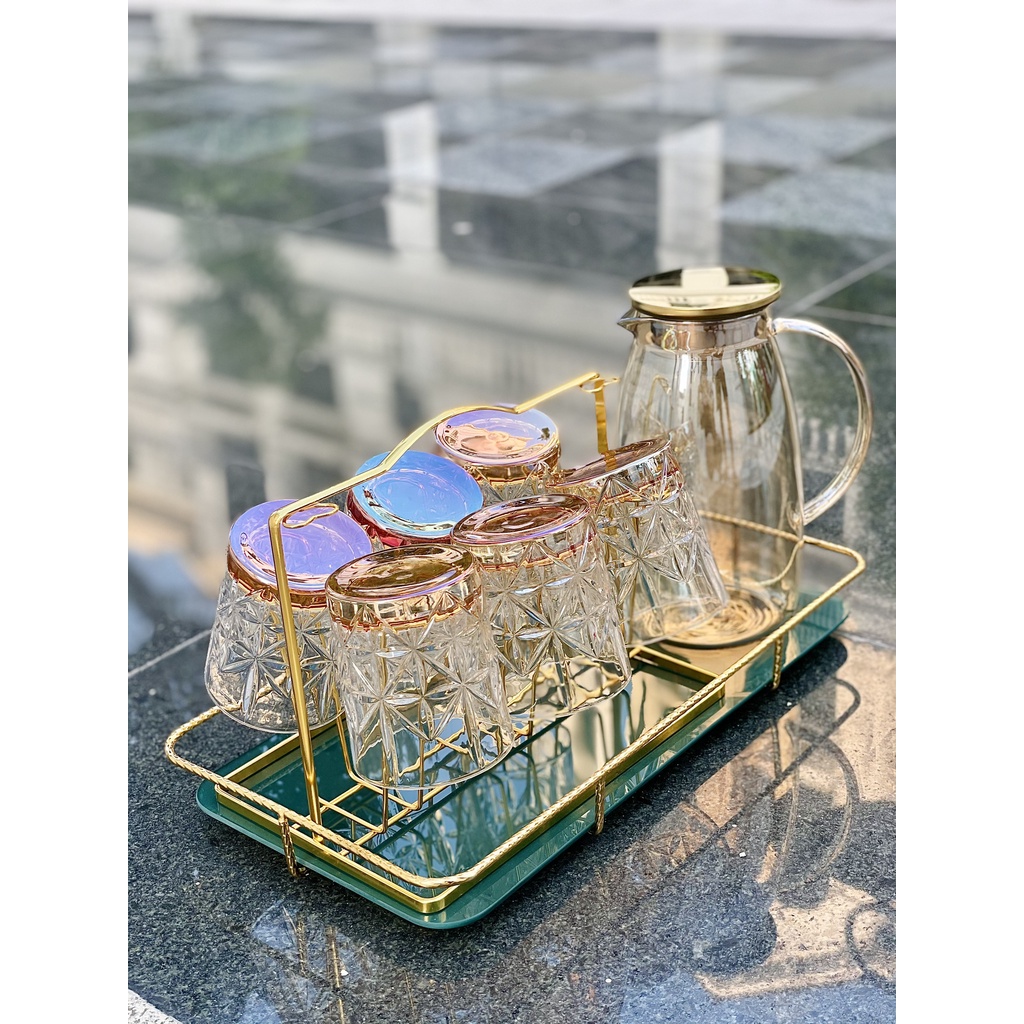 Set 6 Cốc Thuỷ Tinh Ánh Cam + Bình 🌸 Sang Trọng Tinh Tế 🌸