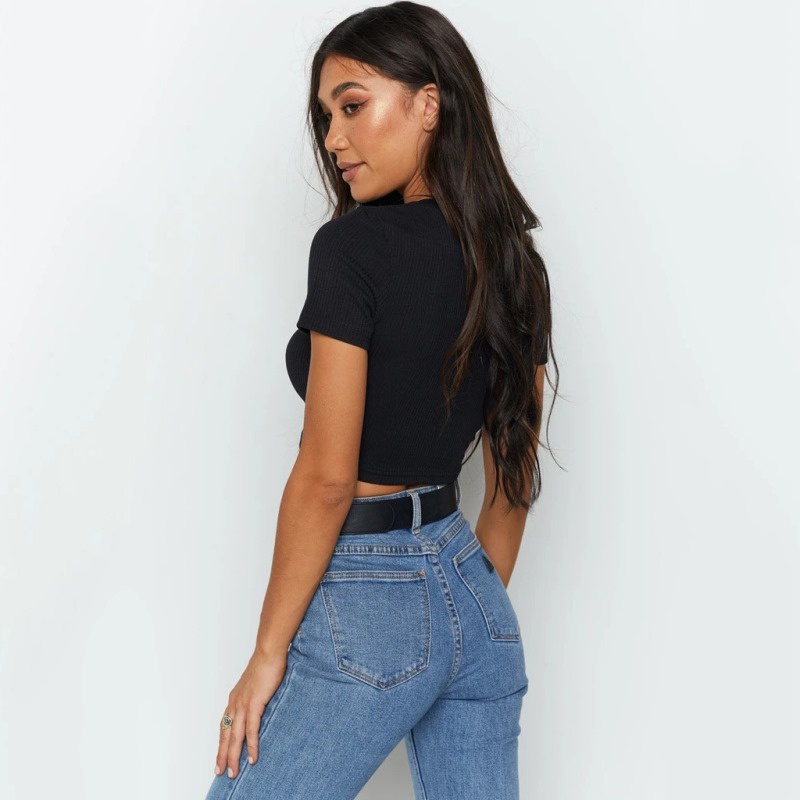 Áo Croptop Dệt Kim Tay Ngắn Cổ Tròn Thời Trang Mùa Hè Quyến Rũ Cho Nữ