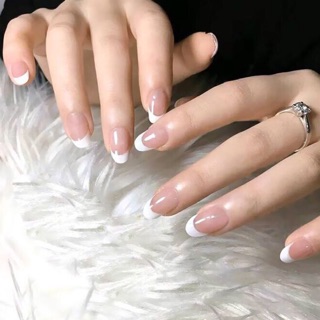 Bộ 24 móng tay giả hồng viền trắng đầu tròn nhọn