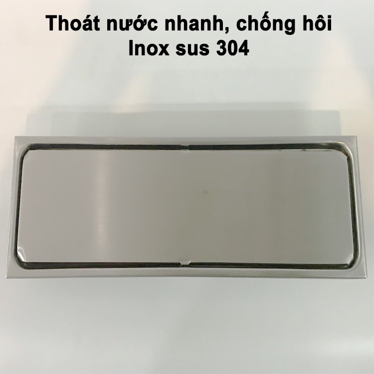 Phễu thoát sàn, chống hôi Inox 304 mặt kín hình chữ nhật 30 x 10 cm, sử dụng ống D60 mm