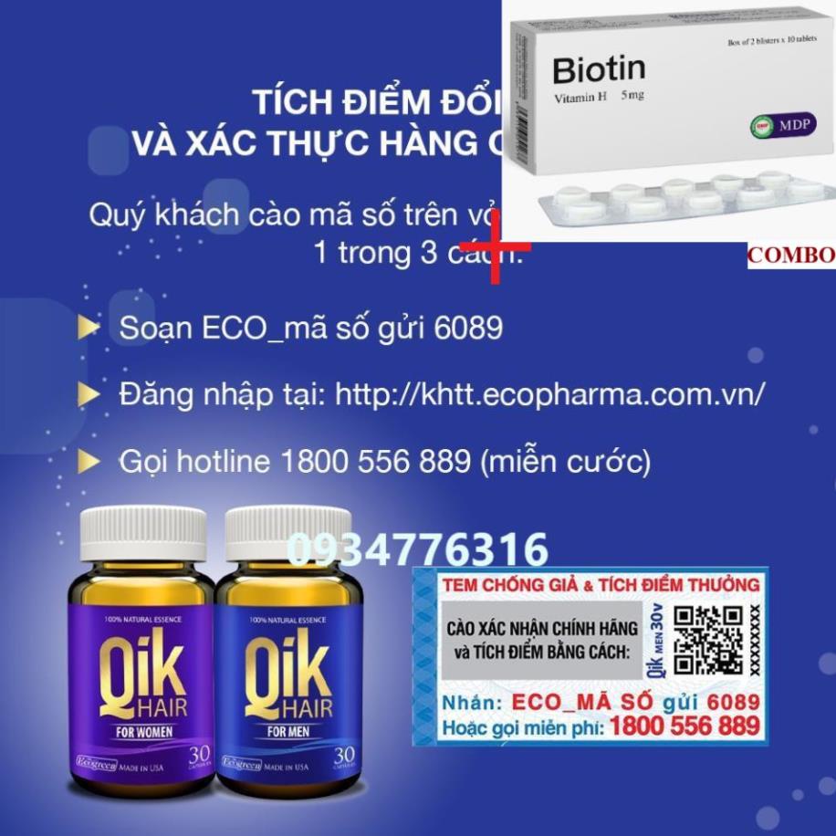 Combo Biotin 5mg+ Viên uống QIK HAIR (cho Nam) giảm rụng, mọc tóc chắc khỏe (30 viên)