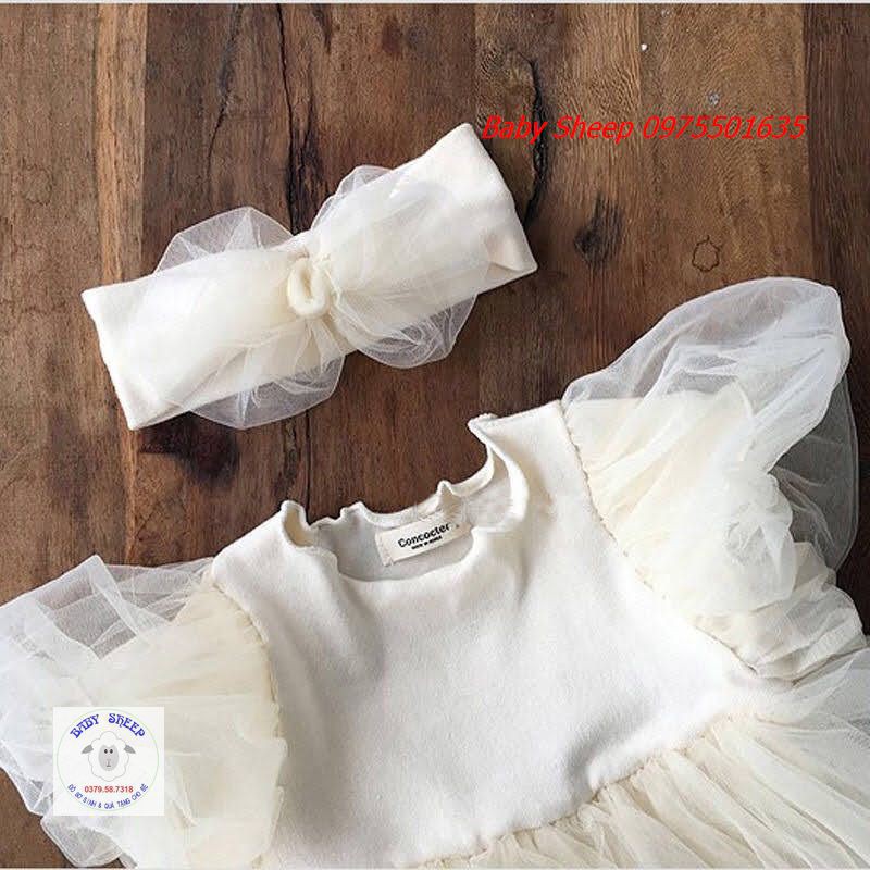 Váy body tiểu thư công chúa tay bồng váy xòe màu trắng và be Baby Sheep cho bé 0-2 tuổi hàng cao cấp