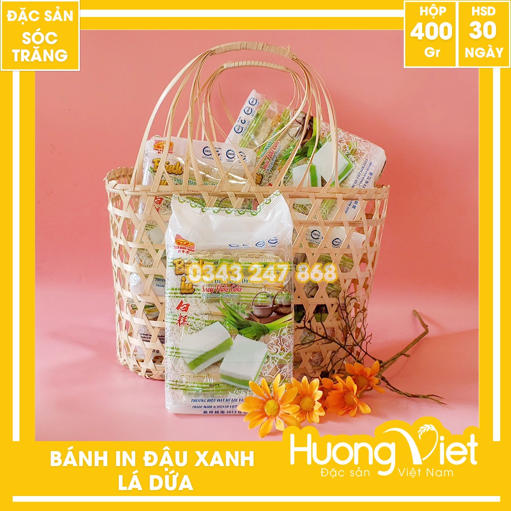 Bánh in đậu xanh lá dứa Tân Huê Viên túi 10 bánh 400g, đặc sản bánh in Sóc Trăng nhân lá dứa, đậu xanh