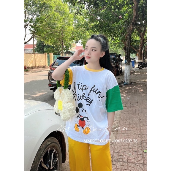 ( Xã kho)Set quần suông áo cotton micky phối viền xinh xắn