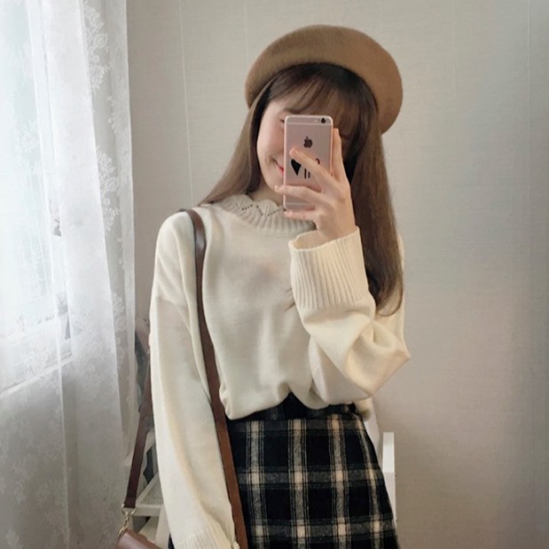 Áo Sweater Dệt Kim Tay Dài Dáng Rộng Cổ Cánh Hoa Kiểu Hàn Quốc Thời Trang Mùa Thu Cho Nữ