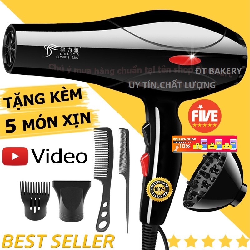 Máy Sấy Tóc Deliya 8018 Công Suất 2200W Có 3 Chiều Nóng, Vừa, Mát, Tặng Kèm 5 Phụ Kiện Tạo Kiểu Tóc