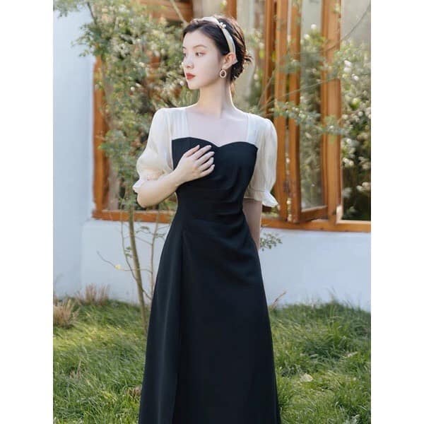 Váy nữ thiết kế dự tiệc,Đầm tay phối xẻ đùi xếp ly trẻ trung, sang trọng, dễ thương