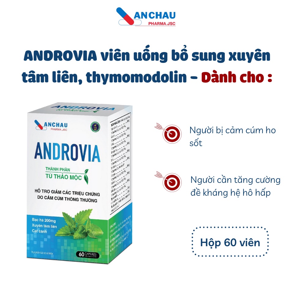 ANDROVIA viên uống xuyên tâm liên, thymomodolin giảm cảm cúm, ho, sổ mũi, sốt, tăng đề kháng
