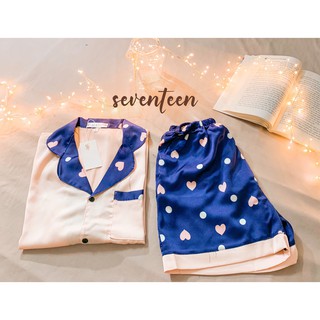 Set bộ đồ ngủ pijama cộc đùi lụa satin tim navy mát lạnh