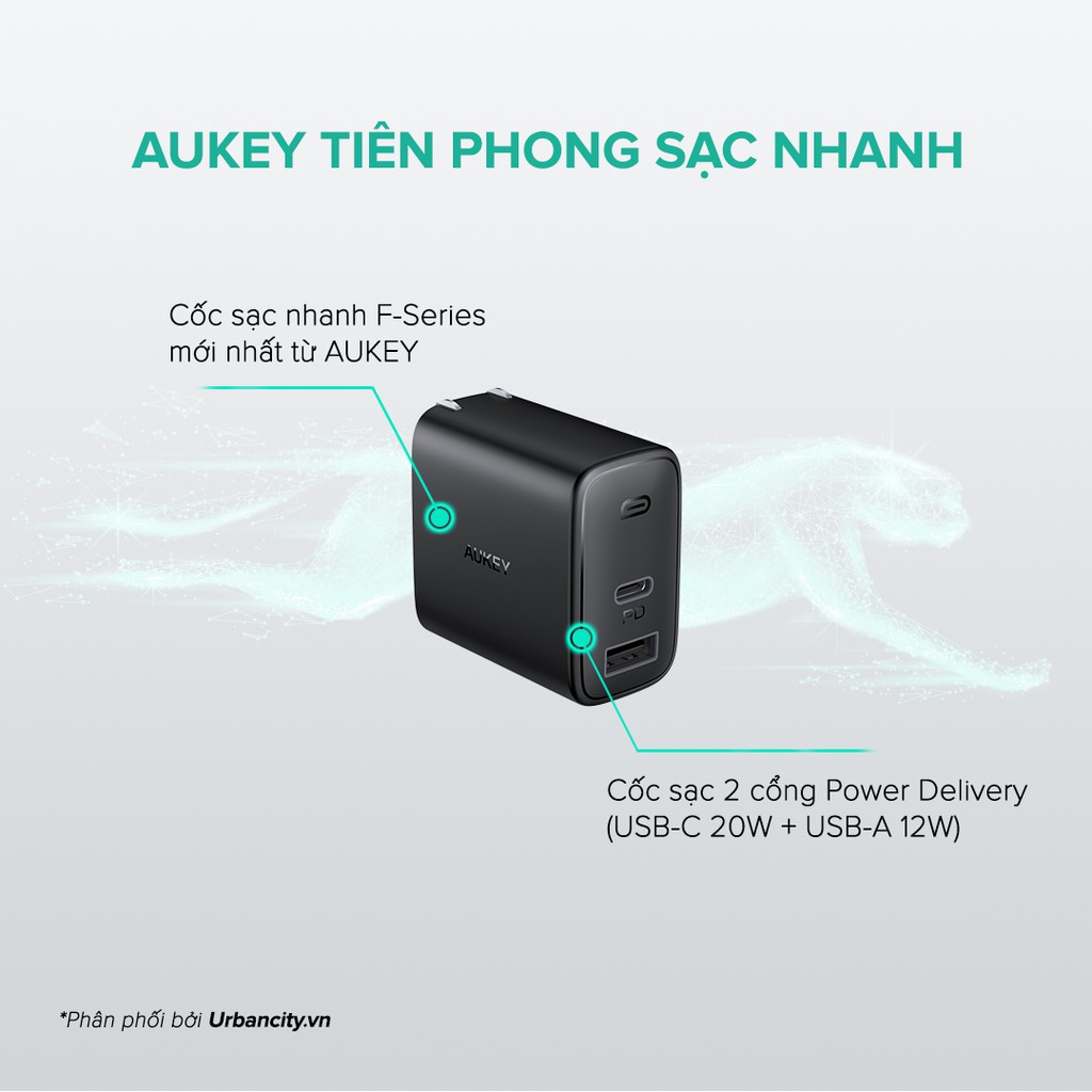 Cốc Sạc Aukey 2 Cổng PA-F3S, Sạc Nhanh Cổng Type C Power Delivery 20W, Cổng USB-A 12W