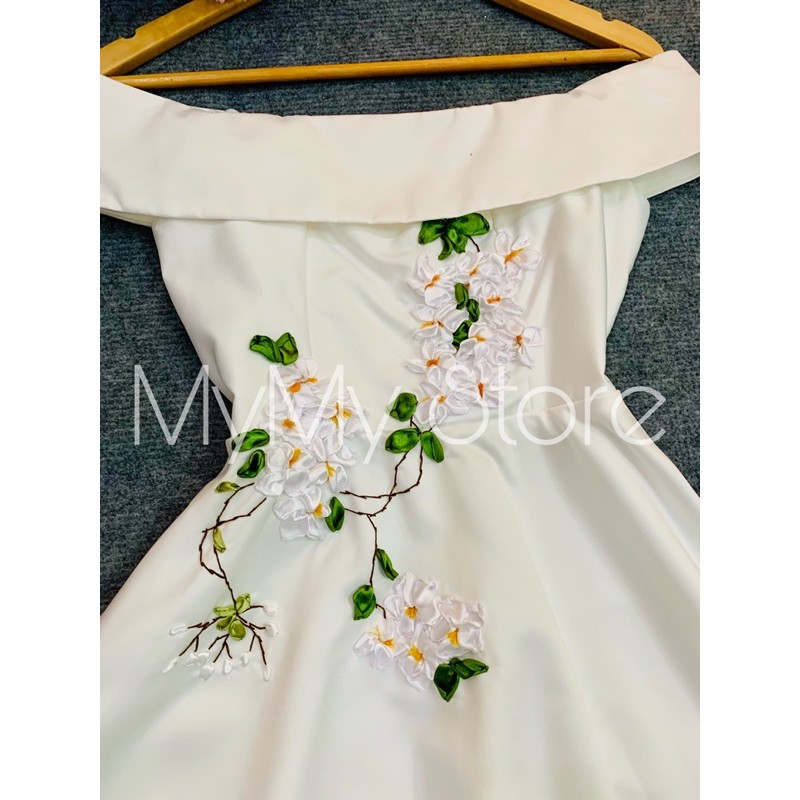 Đầm xoè bẹt vai thêu hoa nổi Size ML - MS148Y