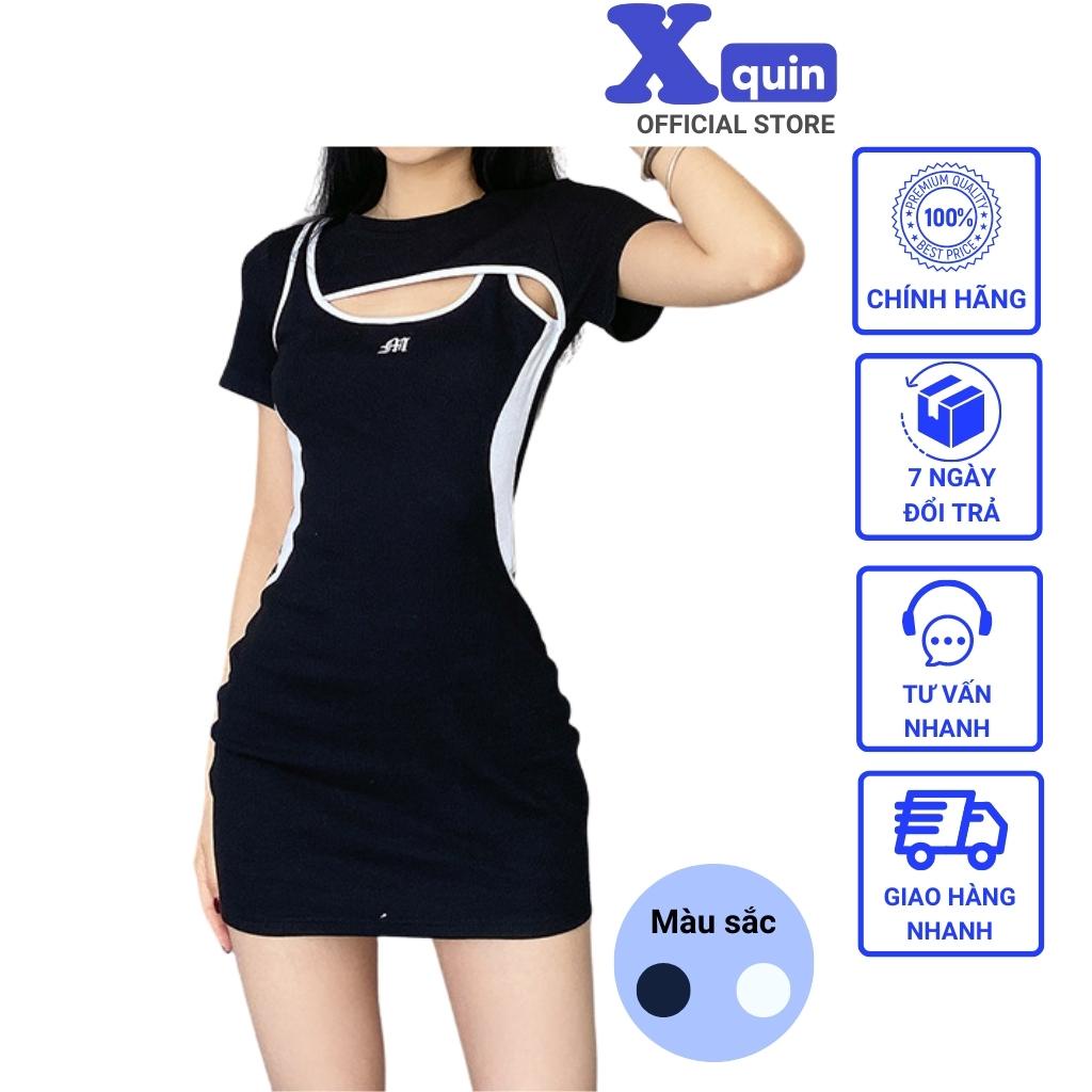 Đầm ôm body co dãn phối viền khoét ngực Xquin, Váy body tay ngắn tôn eo sexy quyến rũ