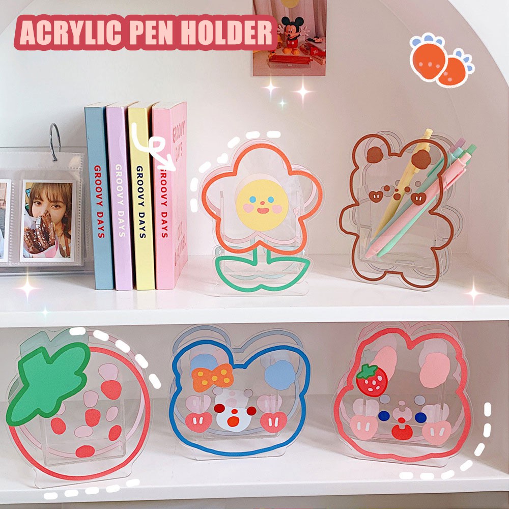 Hộp Đựng Bút/Đồ Trang Điểm Để Bàn Đa Năng Trong Suốt Họa Tiết Gấu/Thỏ Hoạt Hình Độc Đáo