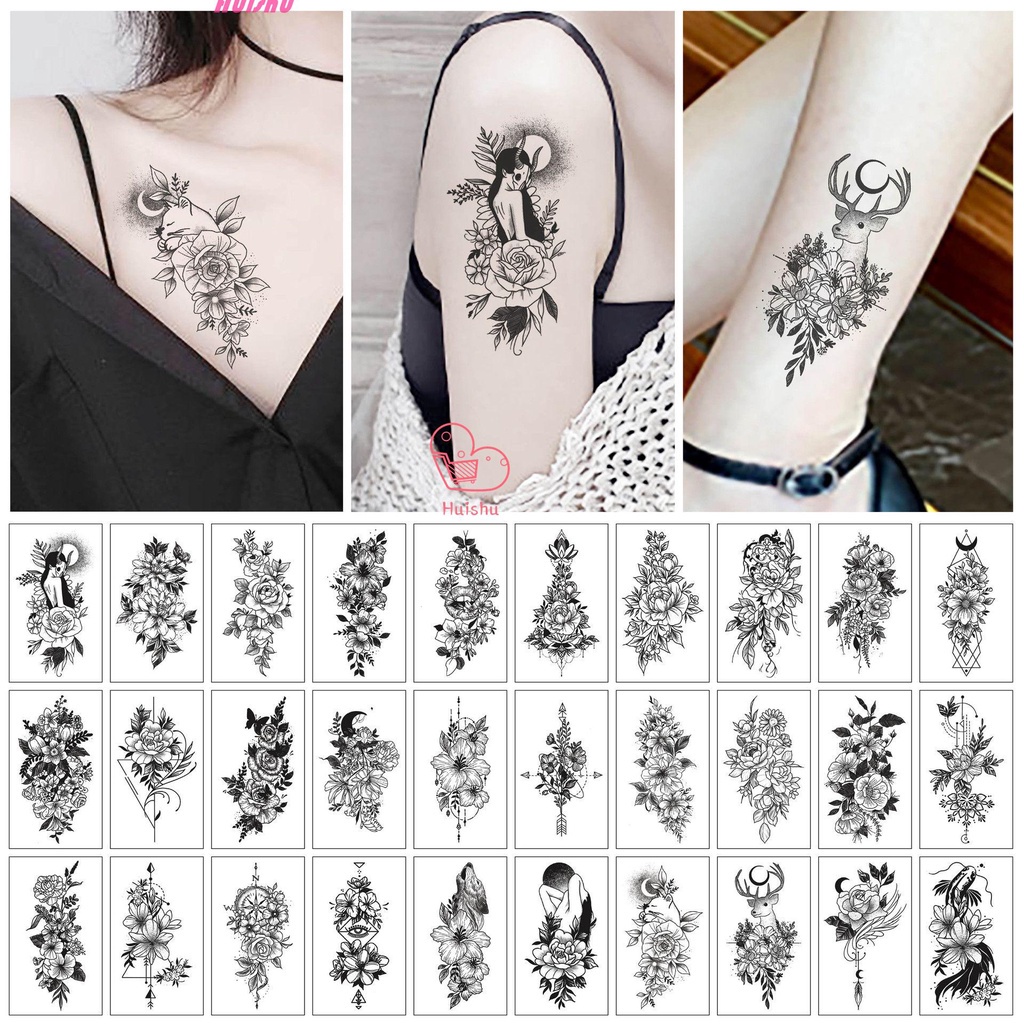 Set 30 Hình Xăm Dán Tạm Thời Hình Hoa Hồng Đen Thời Trang Cho Nữ