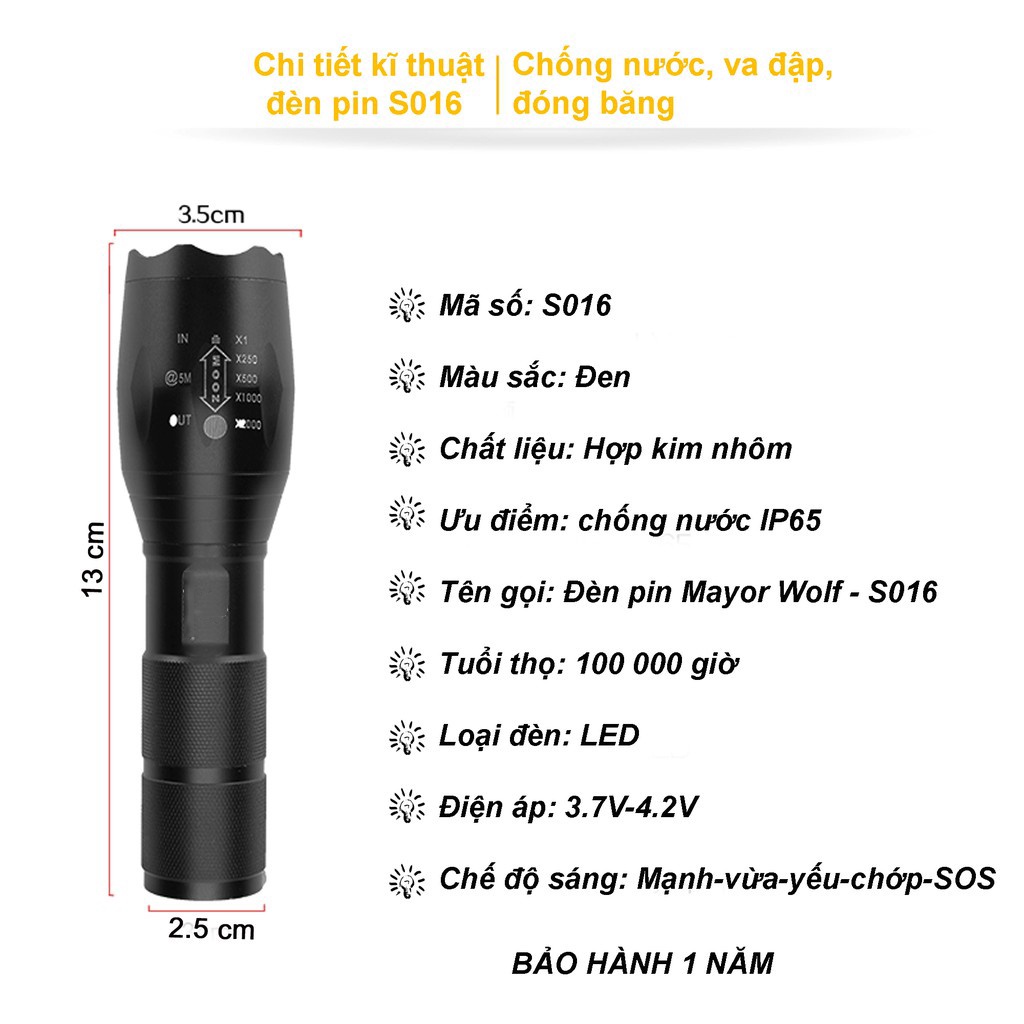 Đèn pin siêu sáng S016 - chính hãng MAYOR WOLF chống nước IP65, sạc siêu bền