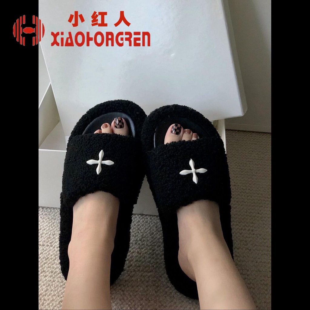 Dép Đế Dày Quai Chéo Phối Lông Nhung Màu Đen Thời Trang Mùa Xuân