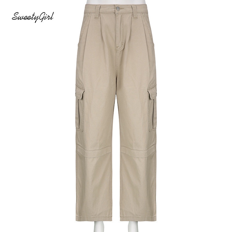 Quần Kaki Dài Lưng Cao Dáng Rộng Màu Trơn Phối Túi Thời Trang 2022 Cho Nữ