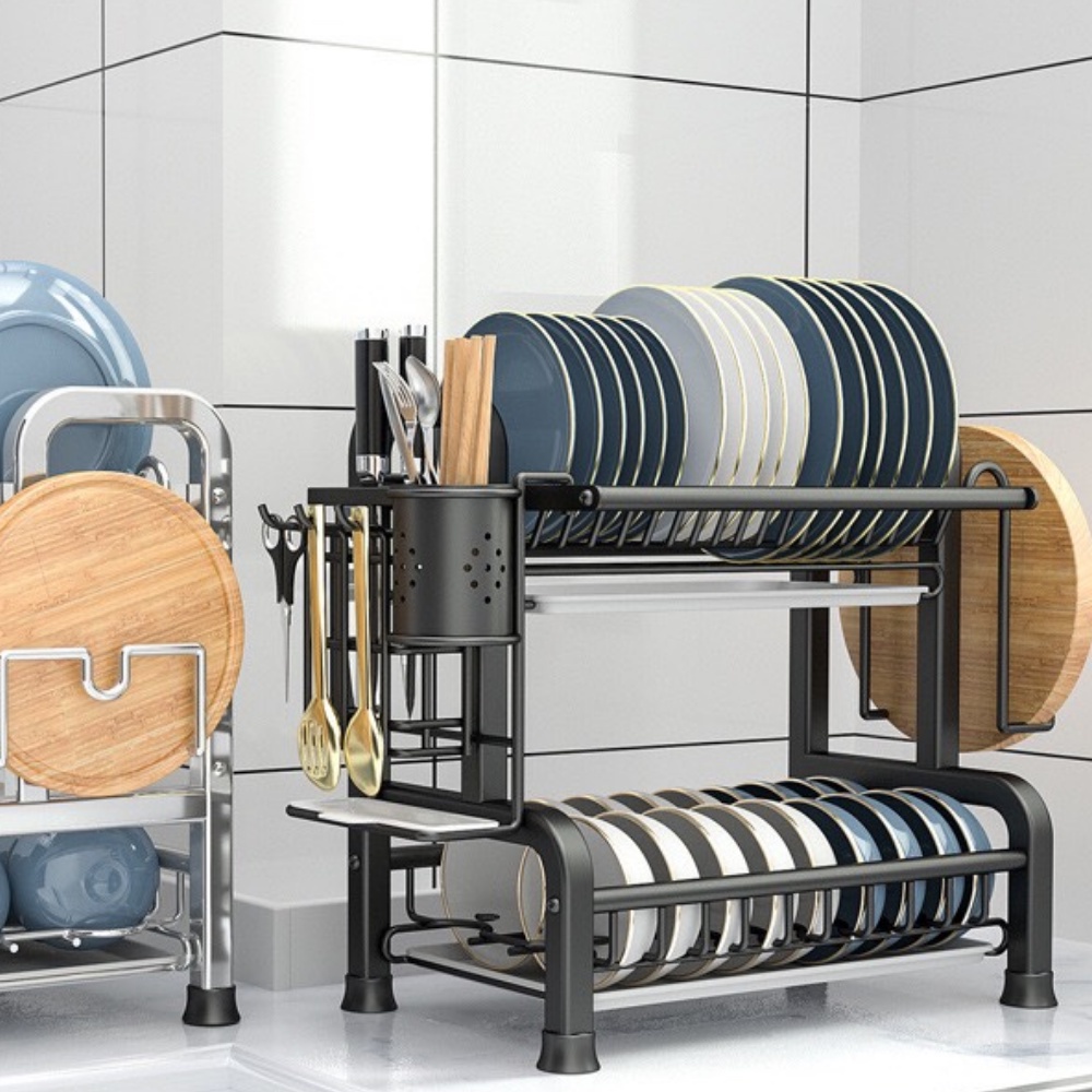 Kệ Để Chén Đĩa 2 Tầng Thông Minh Chất Liệu Thép Sơn Đen Tĩnh Điện Cao Cấp