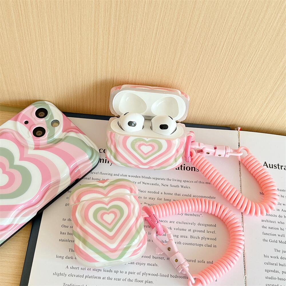 Vỏ Bảo Vệ Hộp Sạc Tai Nghe Bluetooth AirPods 1 2 pro 3 2021 Bằng Silicon Tpu Mềm Họa Tiết Trái Tim Lượn Sóng Màu Hồng Dễ Thương