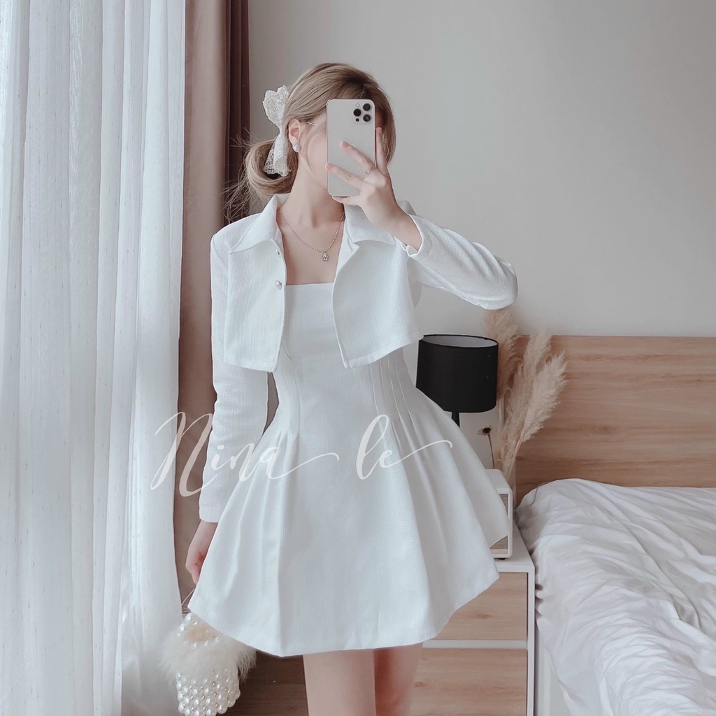 Sét 2 món áo khoác tay dài cổ sơ mi phối váy đầm nữ mini dáng xòe màu trắng dễ thương