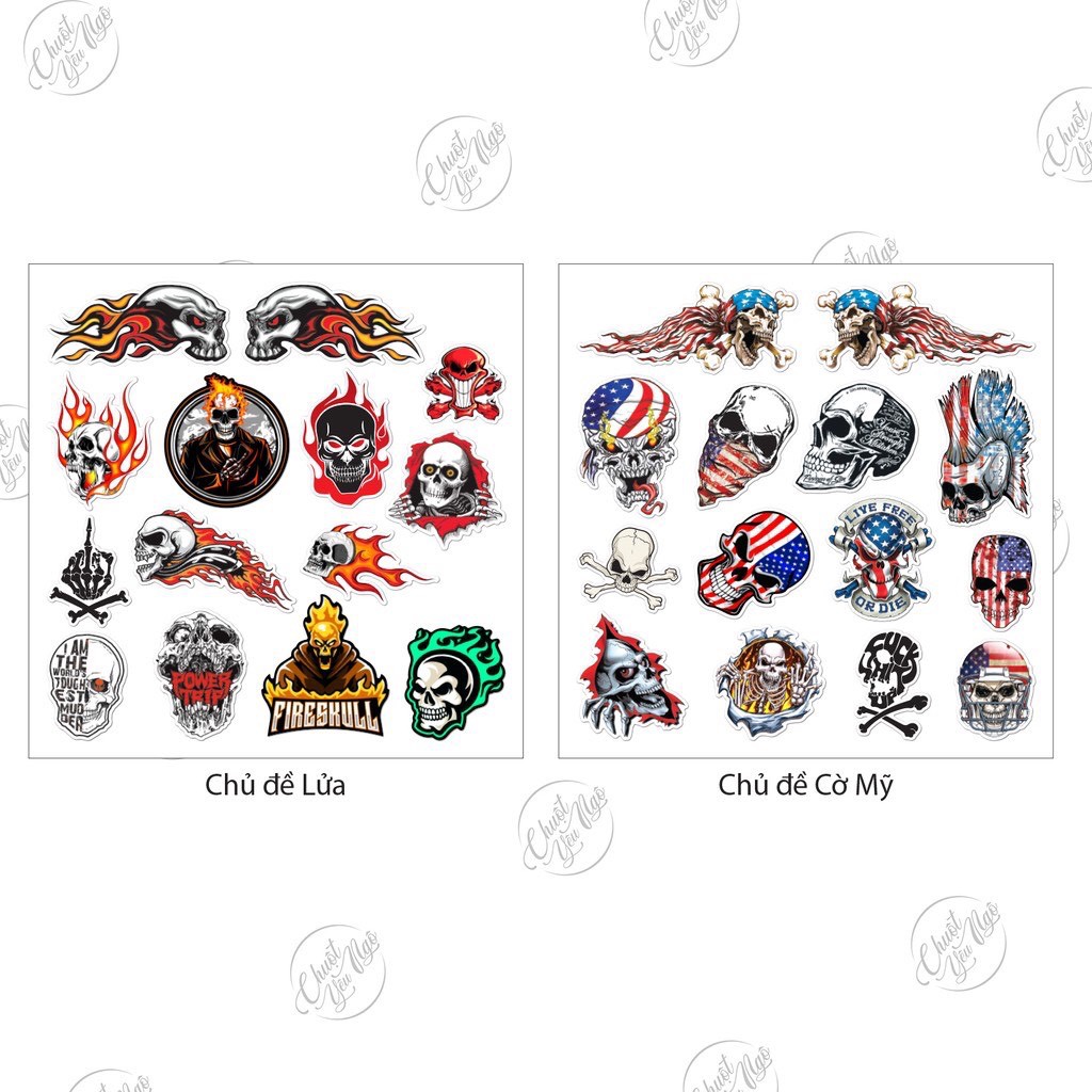 Sticker chủ đề đầu lâu skull chống nước dán laptop, xe, đàn guita, nón bảo hiểm