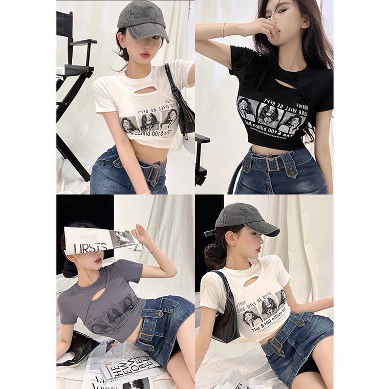 Áo thun dáng ngắn ôm body họa tiết hoạt hình chất liệu thun cotton gân cao cấp co giãn hàng quảng châu cao cấp 2887