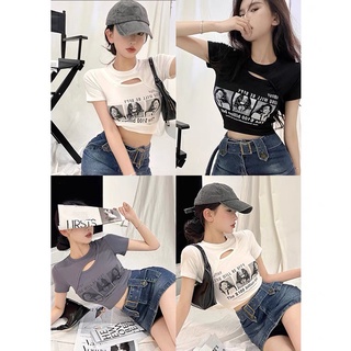 Áo thun cổ tròn họa tiết chữ dáng ngắn thun gân co giãn tốt ôm body tôn dáng #029#