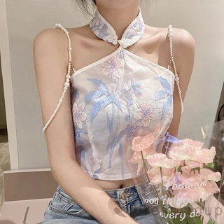 Áo yếm ngắn không tay thêu hoa hở lưng phong cách mùa hè cho nữ
