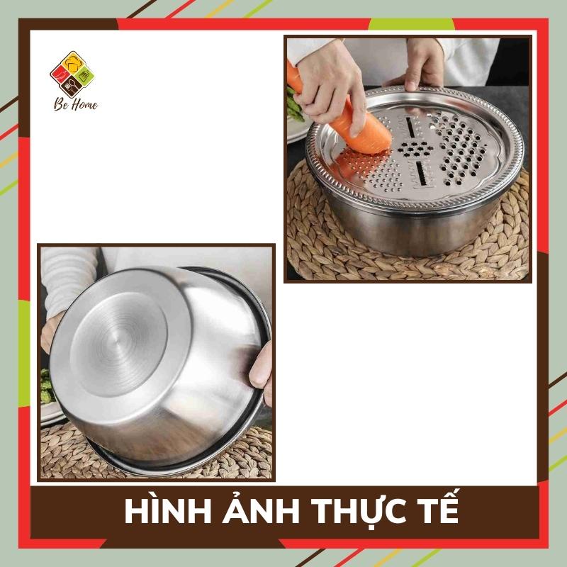 Bộ nạo rau củ 3 món bào BEHOME Rổ nạo rau củ kiêm rổ và chậu inox cao cấp đa năng tiện lợi dùng nhà bếp