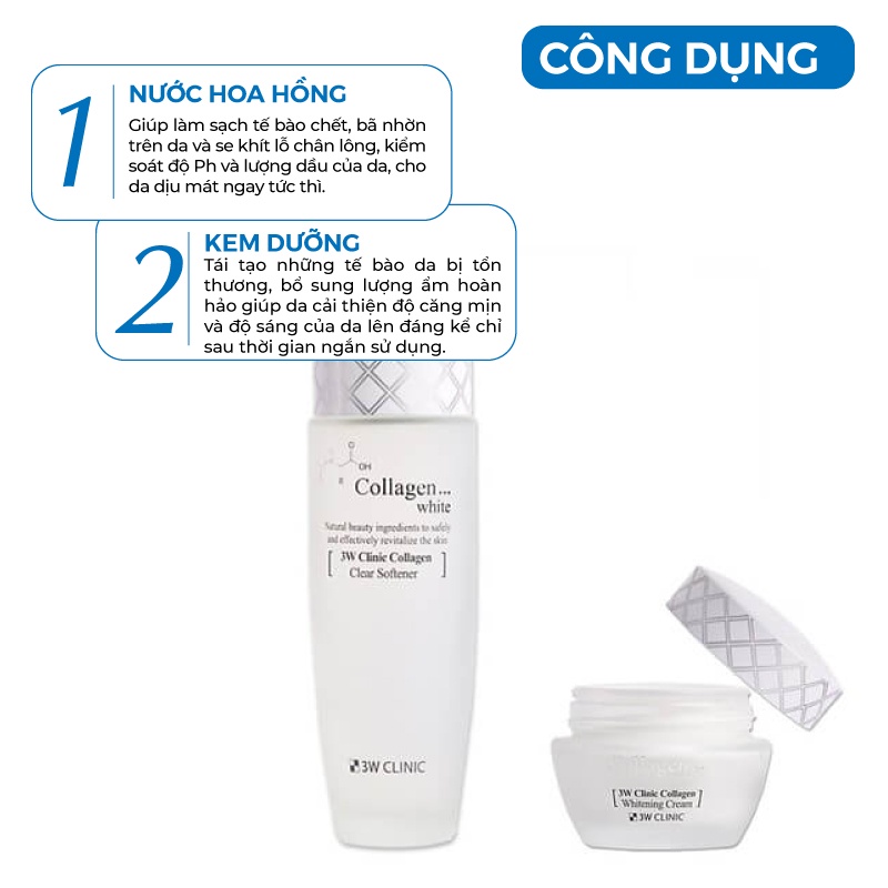 Bộ trắng da - Bộ dưỡng trắng da dưỡng ẩm chiết xuất từ Collagen 3W Clinic Hàn Quốc [Nước hoa hồng+ kem]