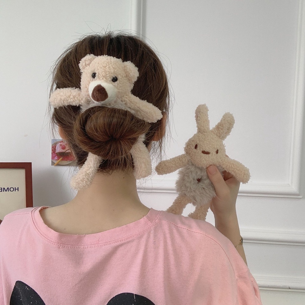 Dây buộc tóc phối vải lông xù hình gấu đáng yêu dành cho nữ