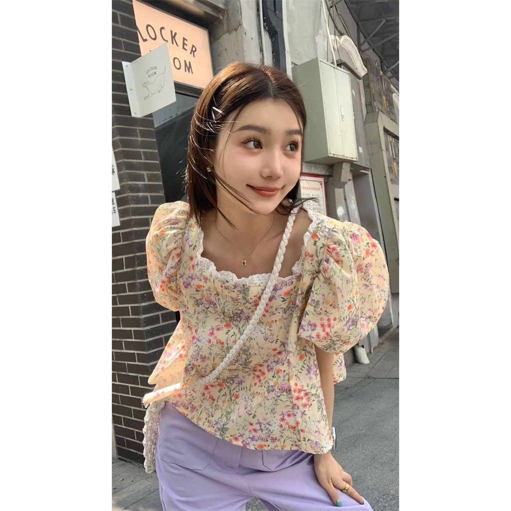 Áo Chiffon Ngắn Tay Phối Ren Họa Tiết Hoa Cho Nữ