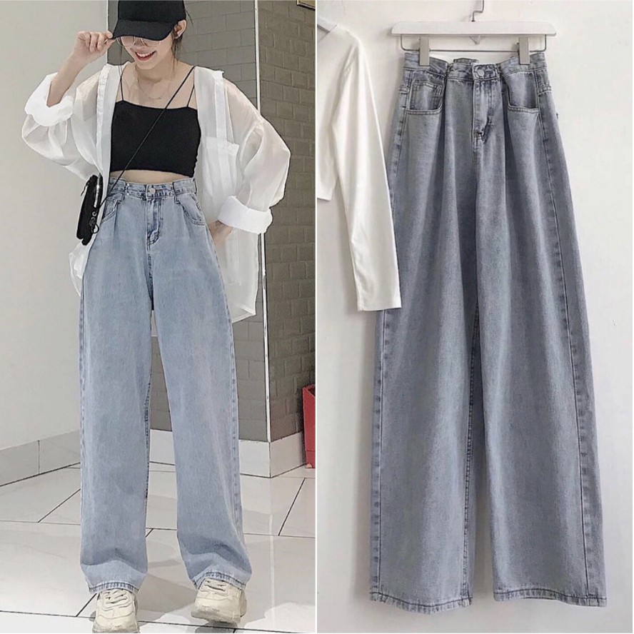 Quần Jean Ống Rộng GÀI EO XANH BẠC Ulzzang Unisex 1hitshop | BigBuy360 - bigbuy360.vn