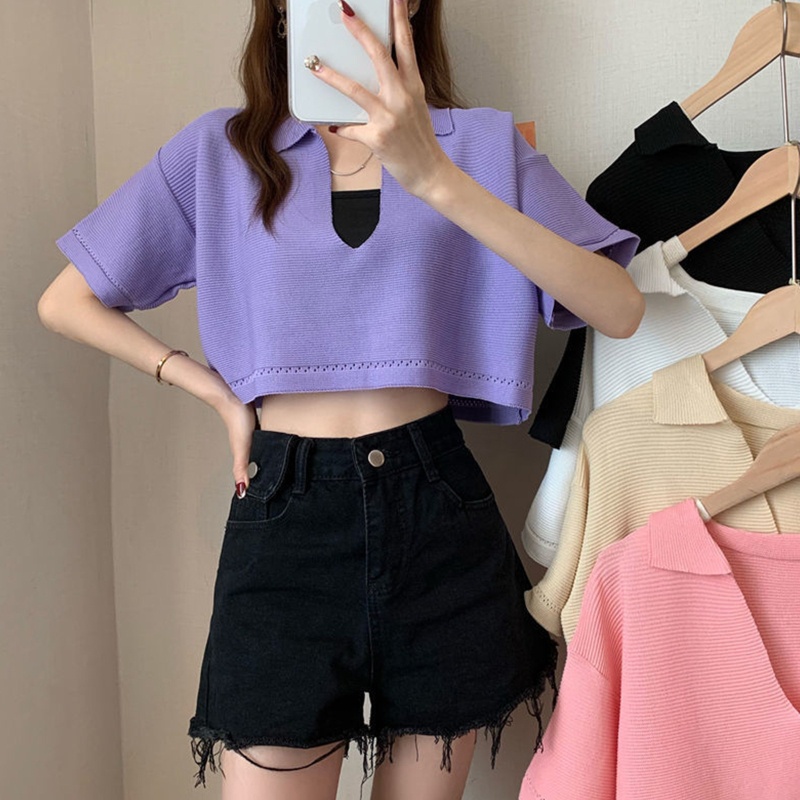 Áo Thun Crop Top Dệt Kim Cổ Chữ V Tay Ngắn Dáng Rộng Màu Trơn Quyến Rũ Cho Nữ