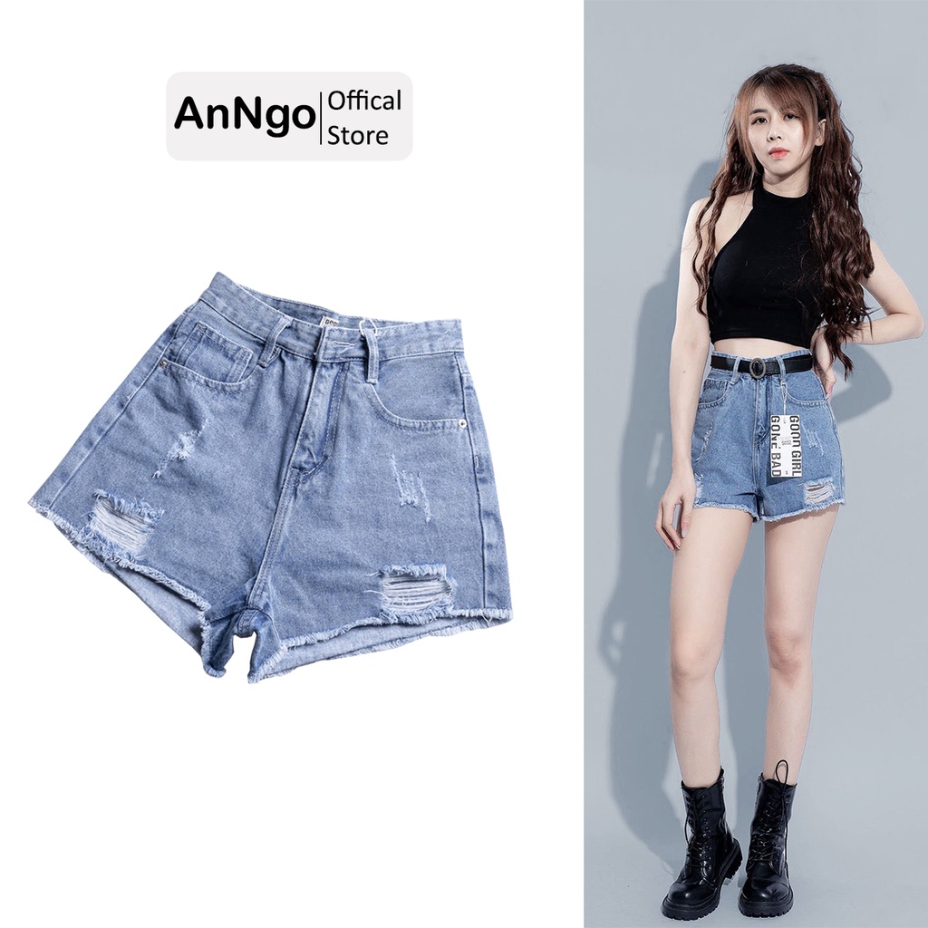 Quần jean nữ short lưng cao ống rách vải denim bền đẹp dễ phối đồ AnNgo - AT191