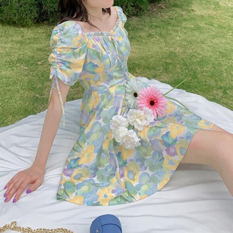 Đầm Cổ Vuông Tay Ngắn Phối Dây Rút Họa Tiết Hoa Phong Cách Pháp Thời Trang Mùa Hè Cho Nữ