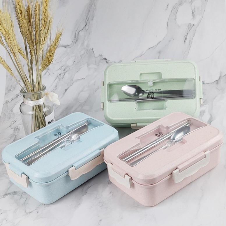Hộp Cơm Văn Phòng Lúa Mạch Có Quai Sách Tặng Kèm Đũa , Thìa Inox, có nắp ngăn cách nhiệt , Tiện Dụng