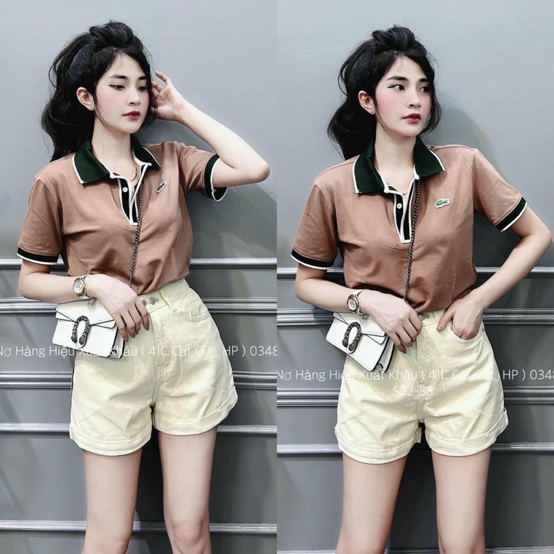 Áo Thun Nữ Polo Màu Nâu Cổ Bẻ Dệt Viền Chất Su Mềm Fom Vừa 60kg