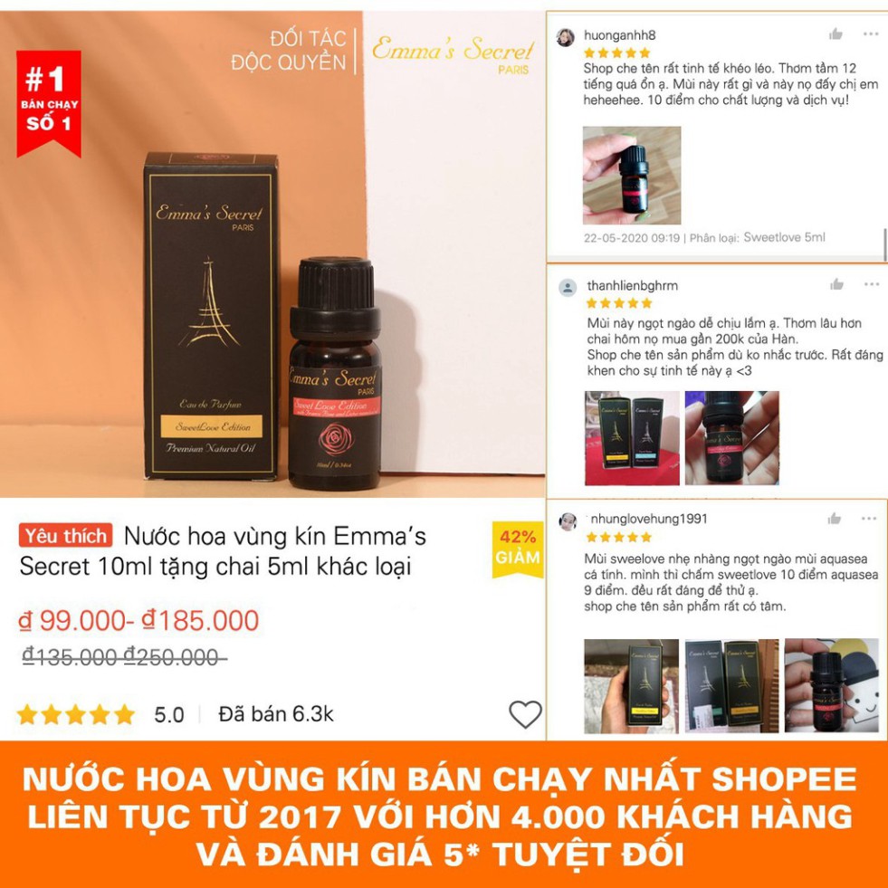 freeship Nước hoa vùng kín Emma's Secret 10ml tặng chai 5ml khác loại