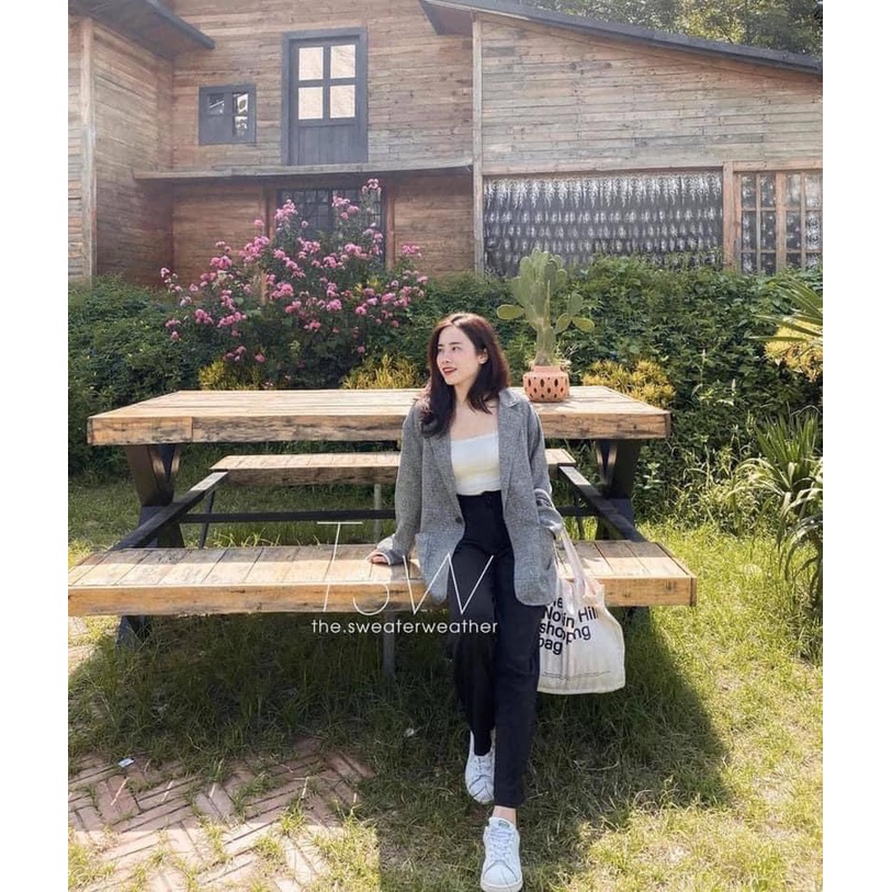 [Ảnh thật] Áo khoác vest kẻ dạ dáng rộng phong cách Hàn Quốc