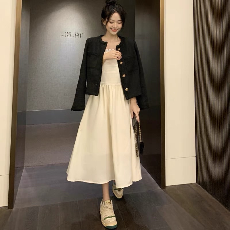 Set váy hai dây khoác dạ tweed sang chảnh