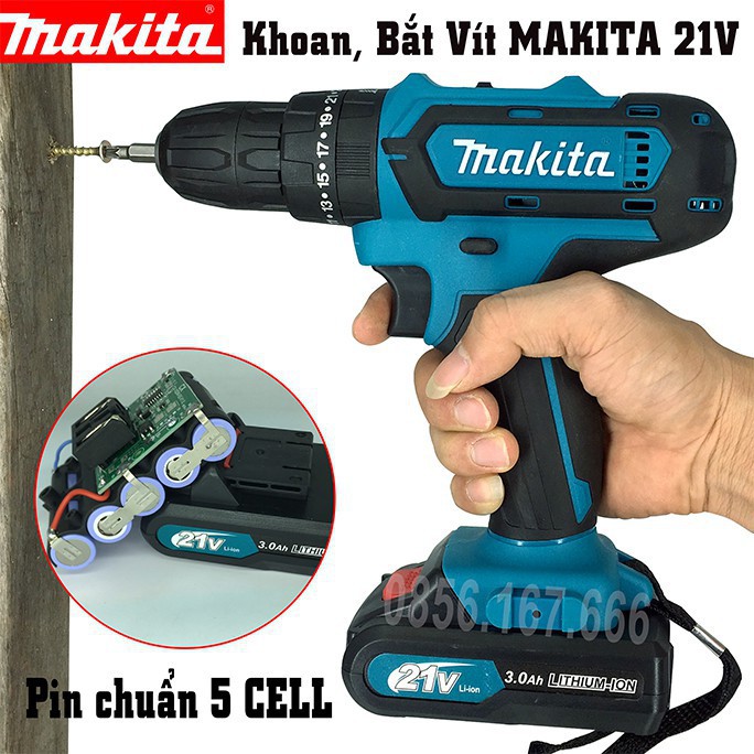 Máy Khoan MAKITA 21V 2 PIN DẸT- Tặng Đầu chải, Pin 5 Cell, 100% đồng, Máy bắt vít, vặn vít, khoan gỗ