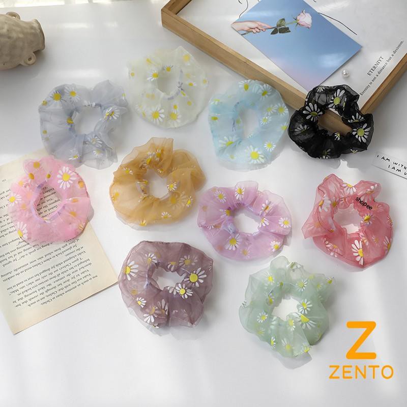 Dây buộc tóc, cột tóc vải scrunchies ren lưới hoa cúc hot trend mix đầm nữ, váy công chúa xinh xắn ZENTO
