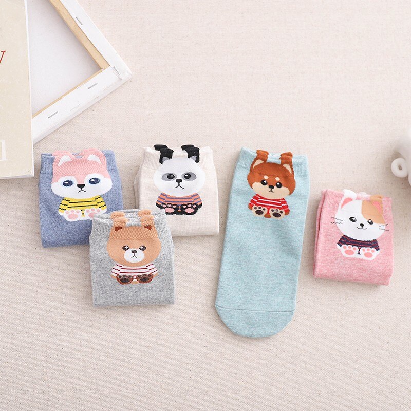 5 Pairs Fashion Cartoon Teddy Bear Funny Bear Happy Women Cotton Short Socks Fashion Students Animal Casual Ankle Socks