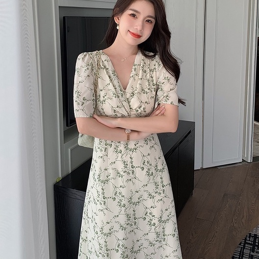 Đầm Hoa Ngắn Tay Cổ Chữ V Thanh Lịch Cho Nữ