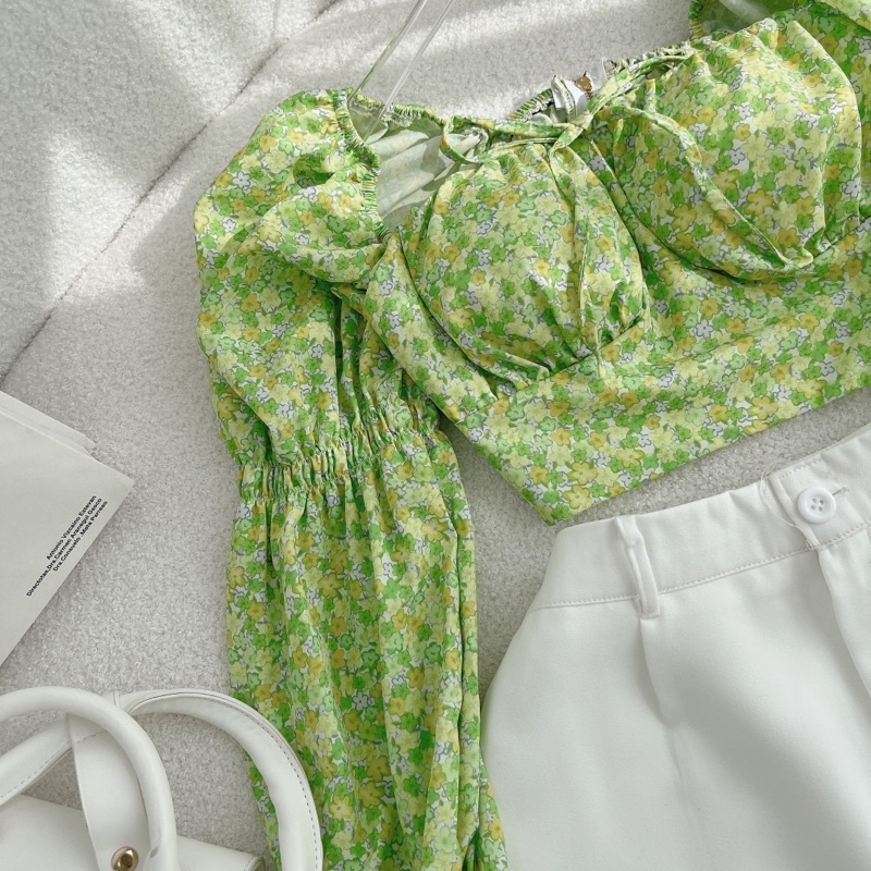 SET ÁO HOA XANH TAY KHÚC + QUẦN SHORT TRẮNG