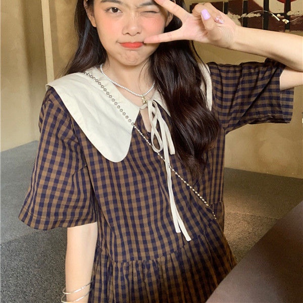 CÓ SẴN Váy/ Đầm suông cổ búp bê bánh bèo họa tiết caro - 3 ẢNH THẬT Ở CUỐI