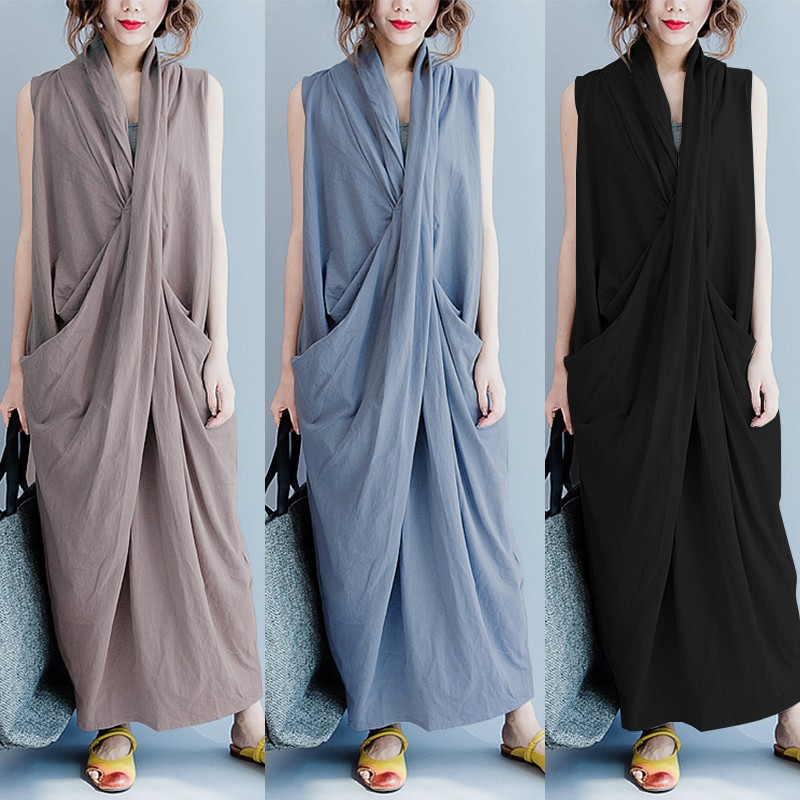 ZANZEA Đầm maxi dáng dài cổ chữ V xẻ tà quyến rũ cho nữ