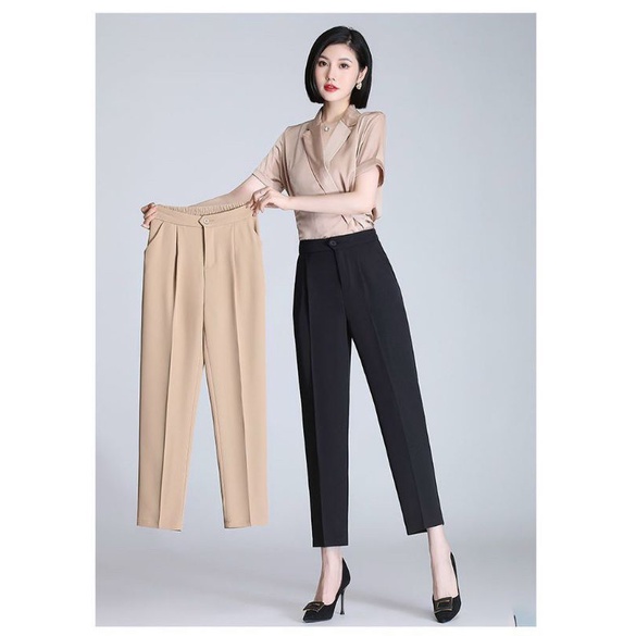 quần tây âu công sở nữ dáng baggy vải tuyêt mưa cạp sau thun  co dãn  quần dài  đen  [q65]THUXINHSHOP